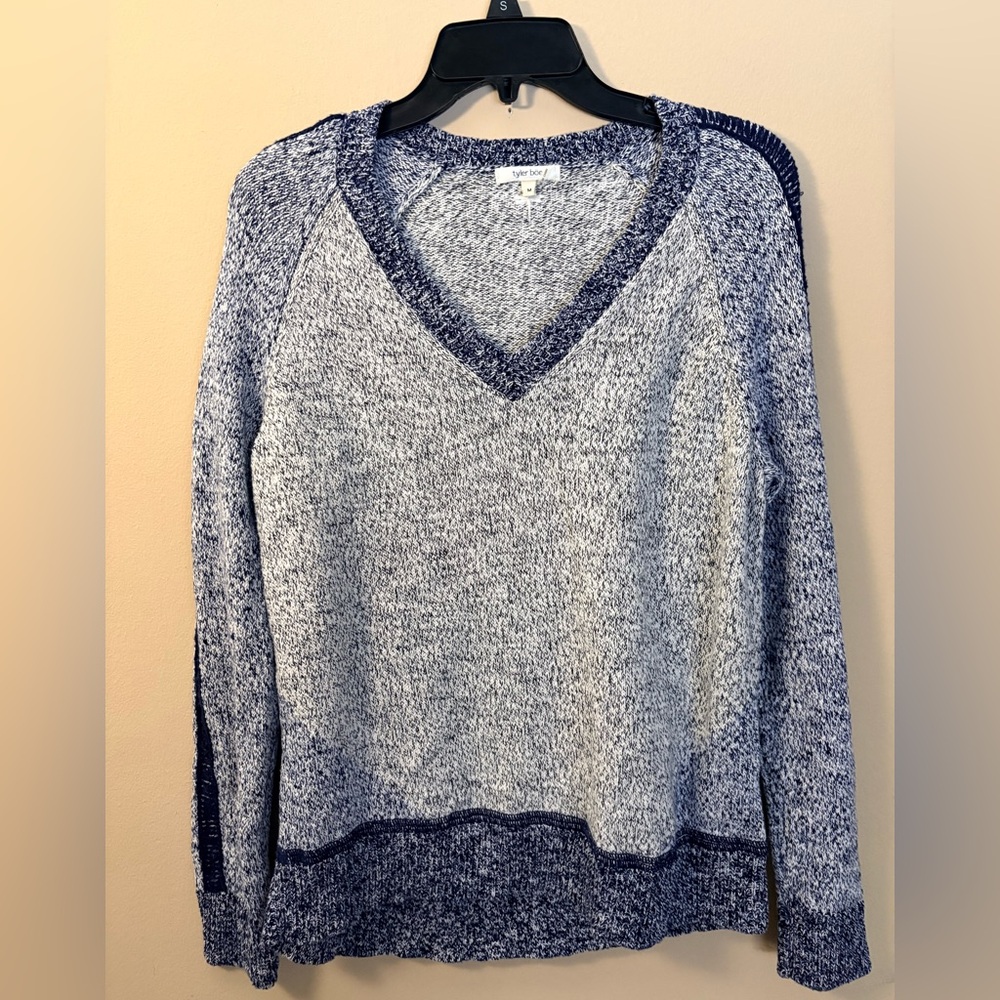 Tyler Boe Blue and White V-Neck Sweater